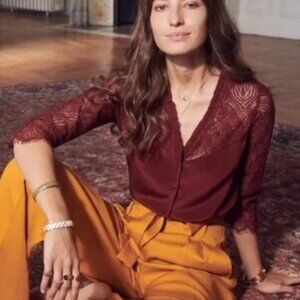 Sezane maroon red silk lace Margaret long sleeve button blouse size 36